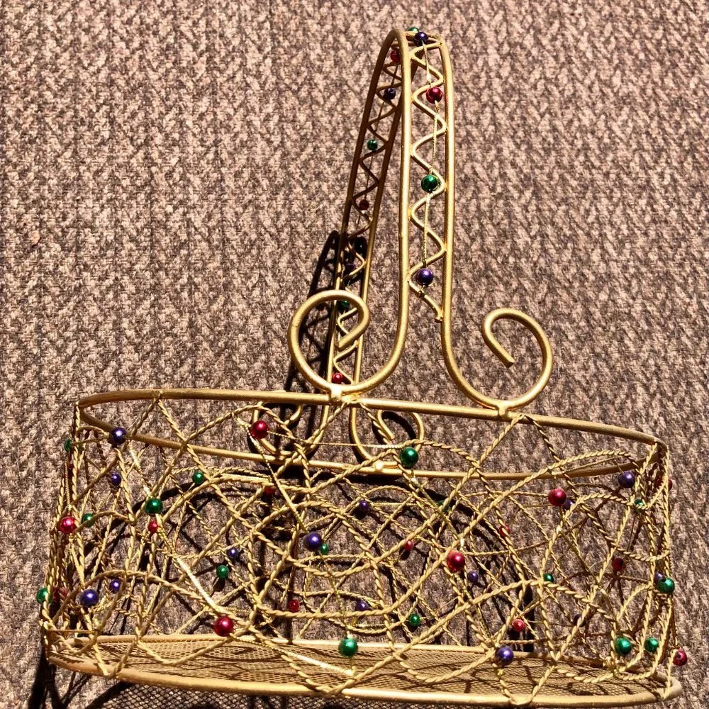 Pier 1 Gold Wired Red Green Purple Beads Tray Basket Storage Decor 11' x 9